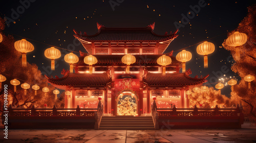 Chinese new year, Traditional Chinese lanterns display in Temple illuminated for Chinese new year festival, at night. Year of dragon, 2024. photo