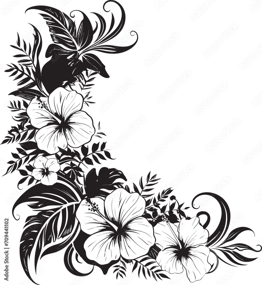 Blossom Beauty Chic Logo with Decorative Corners in Monochrome Enchanting Vines Black Vector Emblem with Decorative Floral Corners