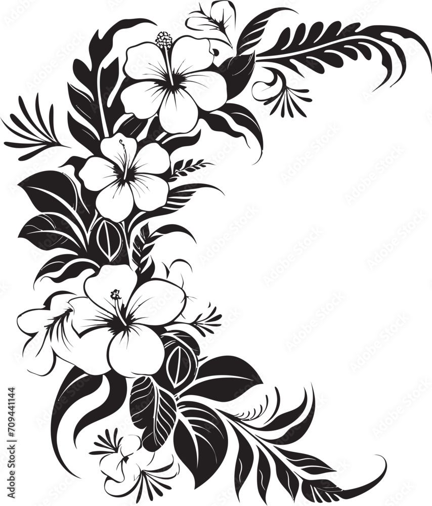 Chic Petals Elegant Vector Emblem with Decorative Floral Corners Blossom Beauty Monochrome Emblem Highlighting Decorative Corners