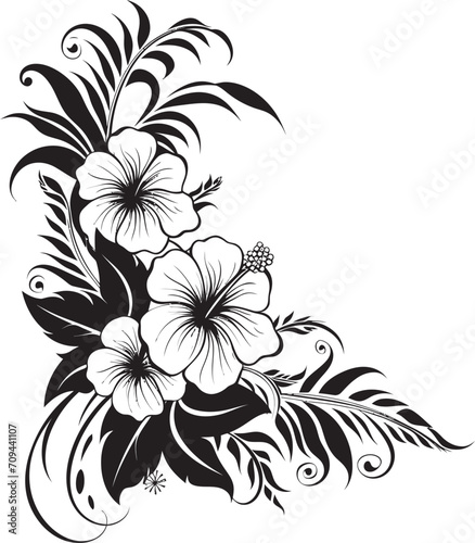Fototapeta Naklejka Na Ścianę i Meble -  Floral Harmony Elegant Black Icon with Decorative Floral Corners Lush Luxuriance Monochrome Emblem Highlighting Decorative Corners