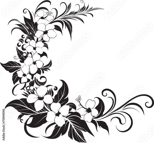 Opulent Orchids Sleek Black Icon with Decorative Floral Design Floral Radiance Chic Vector Logo Design with Decorative Corners