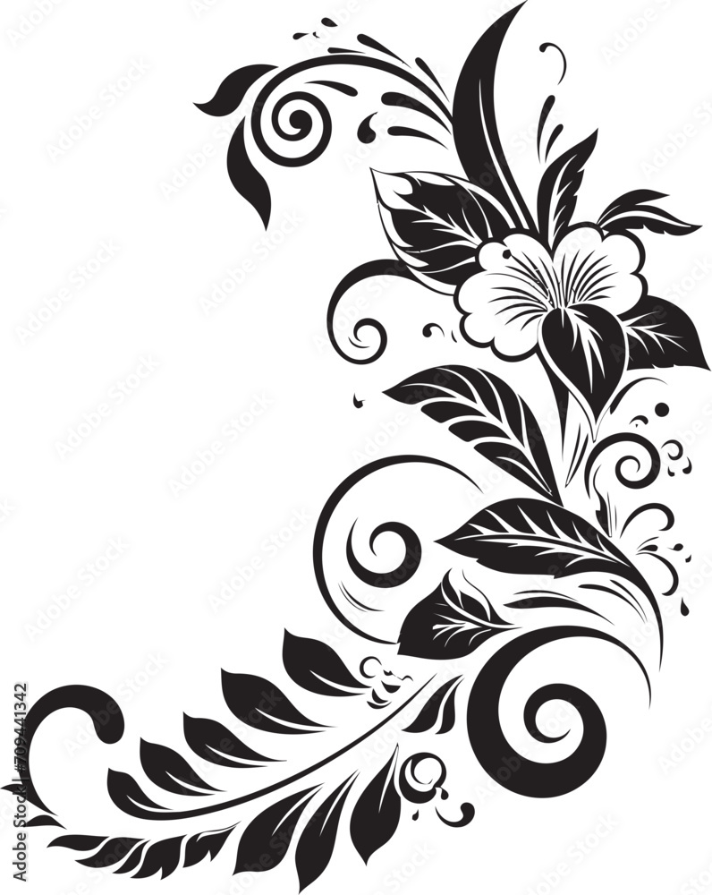 Blossom Elegance Chic Logo with Decorative Corners in Monochrome Enchanting Vines Black Vector Emblem with Decorative Floral Corners