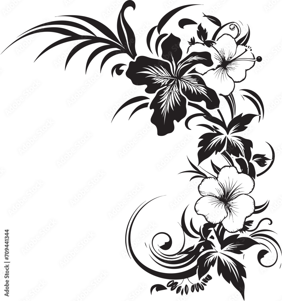 Botanic Borders Sleek Vector Logo Design with Decorative Corners Intricate Inlays Chic Black Emblem Featuring Decorative Floral Corners