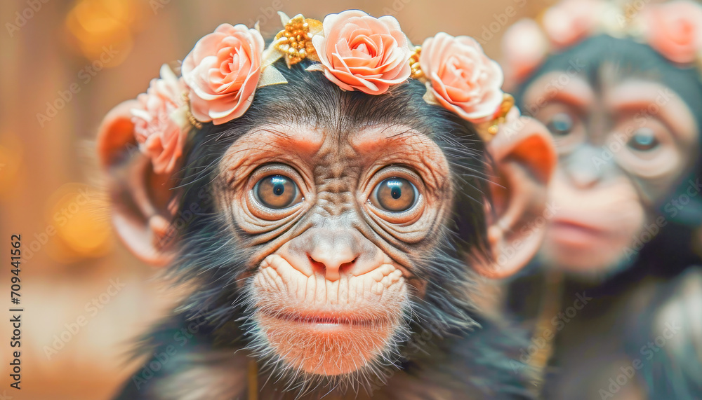Little monkey dressed as a guest for the Wedding, World Marriage Day celebration, February, concept Animals, generative ai