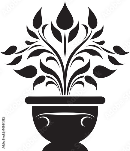 Natures Niche Stylish Plant Pot Logo Design in Monochrome Petal Potpourri Sleek Black Icon Featuring Decorative Plant Pot
