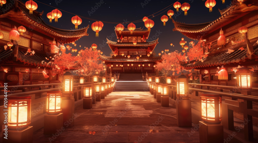 Chinese new year, Traditional Chinese lanterns display in Temple illuminated for Chinese new year festival, at night. Year of dragon, 2024. Chinese new year, Traditional Chinese lanterns display in Temple illuminated for Chinese new year festival, at night. Year of dragon, 2024.