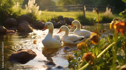 A picturesque farm pond comes to life with the presence of a variety of ducks and geese, their feathers ruffled and glistening in the water.