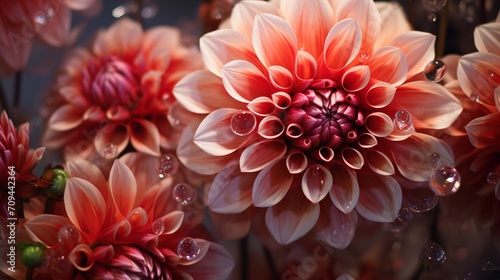 A macro shot of intricate details in a bouquet of dahlia flowers  showcased in a transparent vase.