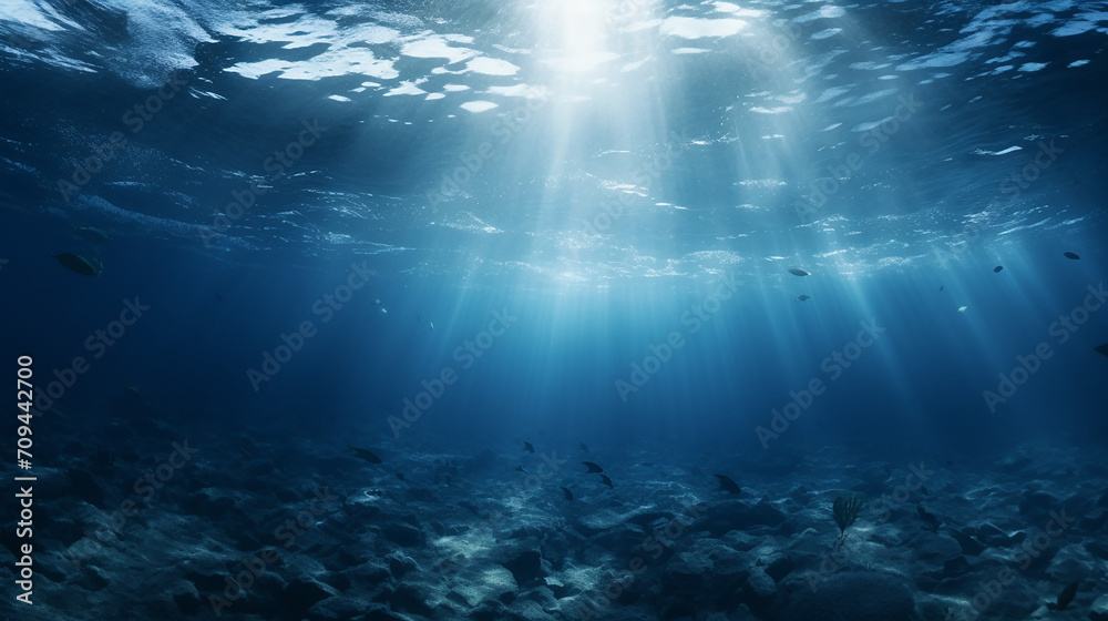beautiful dark blur ocean surface seen from underwater with sunlight