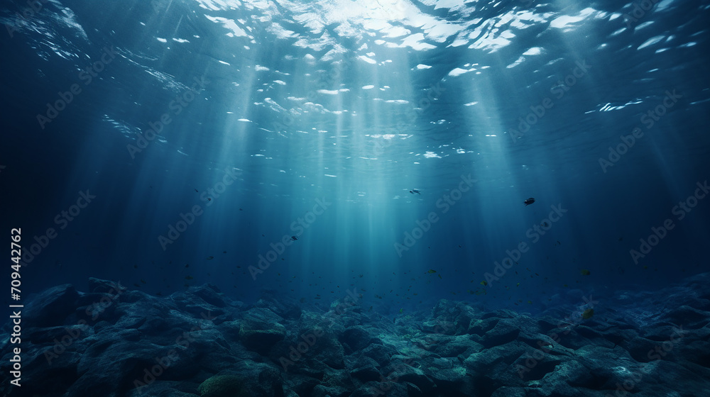 Fototapeta premium beautiful dark blur ocean surface seen from underwater with sunlight