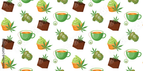 Seamless pattern with hemp, cannabis, cbd, brownie, cupcake, tea, buds. Cannabis therapy desserts. Vector illustration in realistic cartoon style. 
