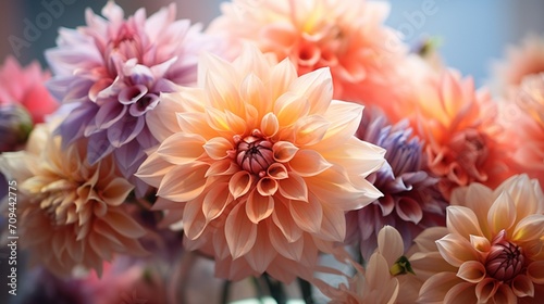 A macro shot of intricate details in a bouquet of dahlia flowers, showcased in a transparent vase. © UMAR_ART