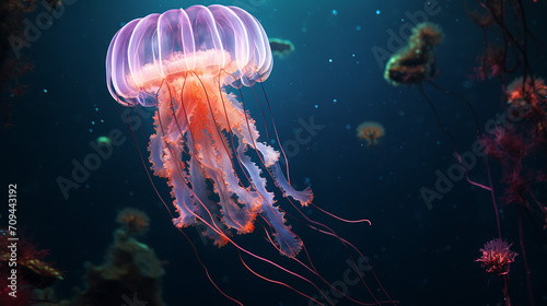under water scene with glowing jellyfish chrysaora pacifica underwater