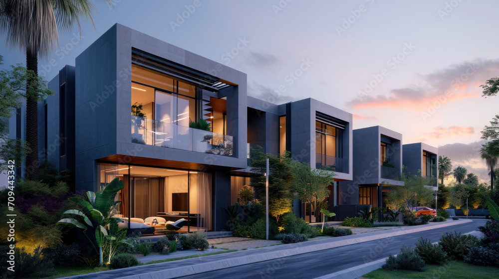 View of New residential townhouses. Modern apartment buildings. Modern complex ...