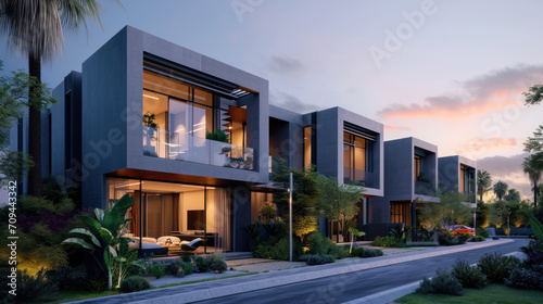 New residential townhouses. Modern apartment buildings. Modern complex of apartment buildings. Concept of real estate development, house for sale and housing market.