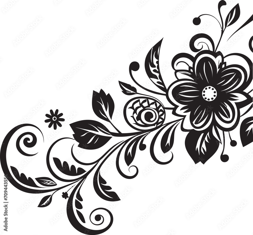 Curves and Charms Sleek Black Emblem with Decorative Doodle Elements Artistic Adornments Monochrome Doodle Decorative Element in Elegant Design