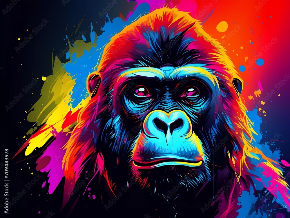 gorilla illustration in abstract, rainbow ultra-bright neon artistic portrait graphic highlighter lines on minimalist background. generative ai