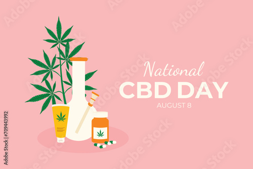 Banner or poster for website. National CBD Bay August 8. Vector hemp elements flat style. Background with hemp, cannabis, marijuana leaves, cream, capsules, bong.  photo