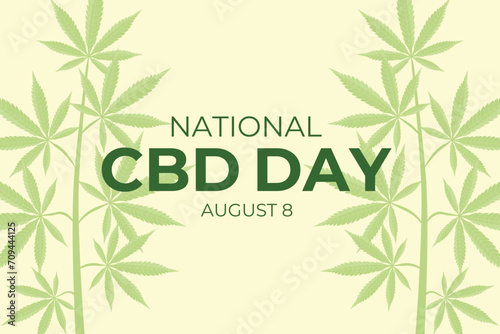 National CBD Bay August 8. Banner or poster in honor of the holiday. Background with hemp, cannabis, marijuana leaves. Vector illustration. photo