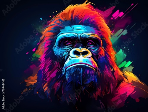 kingkong illustration in abstract, rainbow ultra-bright neon artistic portrait graphic highlighter lines on minimalist background. generative ai