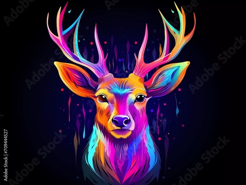 deer illustration in abstract, rainbow ultra-bright neon artistic portrait graphic highlighter lines on minimalist background. generative ai © KBL Sungkid