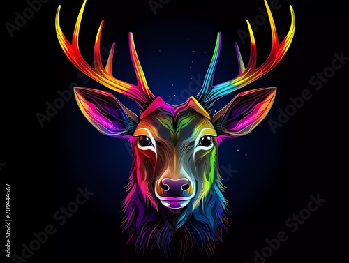 deer illustration in abstract, rainbow ultra-bright neon artistic portrait graphic highlighter lines on minimalist background. generative ai