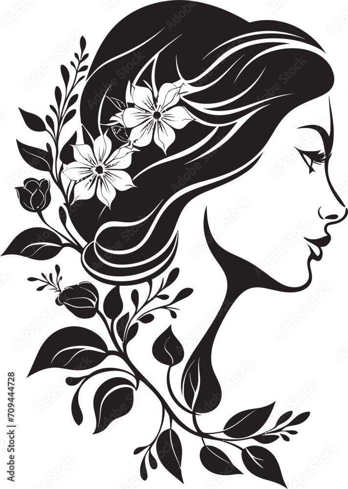 Radiant Rose A Vector Black Logo Showcasing Floral Woman Face Blossoming Grace Black Logo Design Featuring a Feminine Floral Face