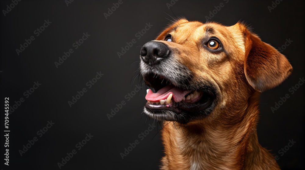 Smiling Dog Looking Up on Black Background Smiling Dog Looking Up on Black Background