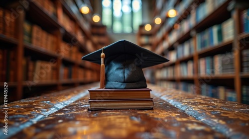 Graduation hat on books in classroom