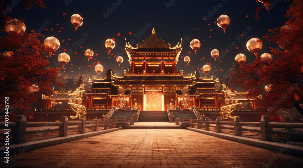 Chinese new year, Traditional Chinese lanterns display in Temple illuminated for Chinese new year festival, at night. Year of dragon, 2024.