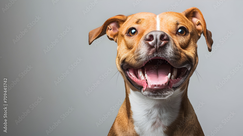 Smiling Brown Dog Standing Next to Gray Background
