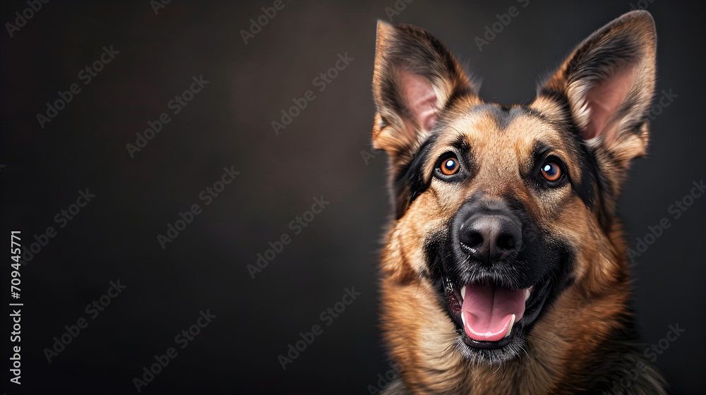 Smiling German Shepherd Dog with Big Eyes on Dark Background