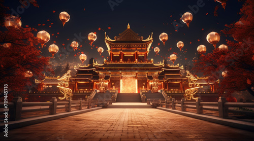 Chinese new year, Traditional Chinese lanterns display in Temple illuminated for Chinese new year festival, at night. Year of dragon, 2024.