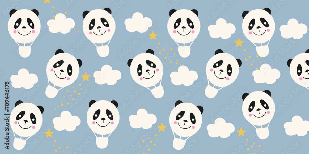 hand drawn Seamless pattern panda balloons with clouds and stars. for Children's wallpapers.