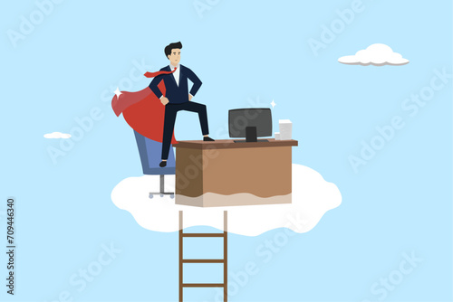 Dream job, perfect workplace or career success, opportunity for the best job, superhero businessman working on dream job at his desk on the clouds.