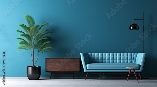 minimal living room and blue wall texture background with plant on black pot