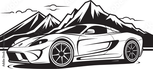 Alpine Adrenaline Black Icon Symbolizing a Sports Cars Mastery on Mountain Roads Ridge Rapture Vector Logo Design of a Sports Car Triumphing Over Black Mountain Routes
