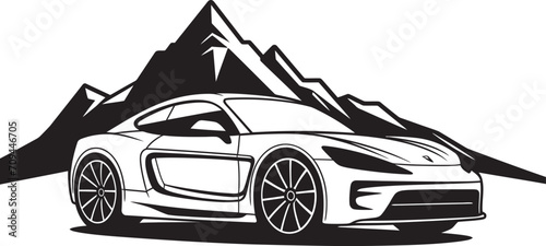 Elevated Velocity Dynamic Black Logo Design with a Mountainous Sports Car Summit Speedster Sleek Sports Car on Mountain Roads – Black Logo Design
