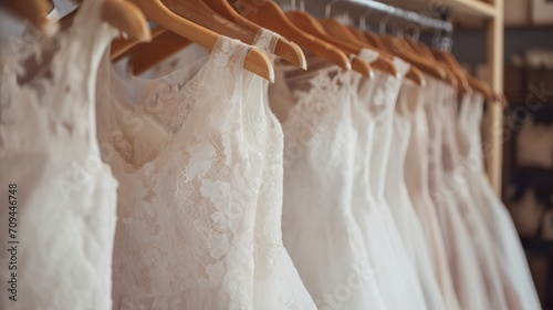 White wedding dresses hanging on hanger in bridal shop.