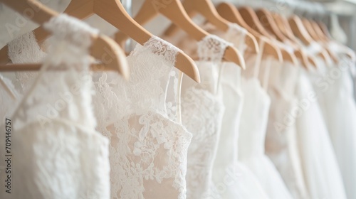 Foto White wedding dresses hanging on hanger in bridal shop.