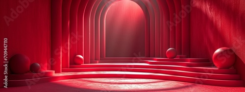 Red background podium product stage studio 3d light display abstract stand award luxury. Podium platform room red background base wall pedestal scene show presentation shadow modern circle gold round photo