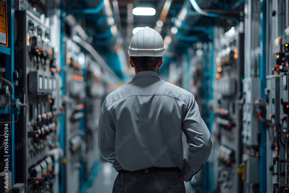Engineer in Hard Hat in Electrical Room Engineer in Hard Hat in Electrical Room