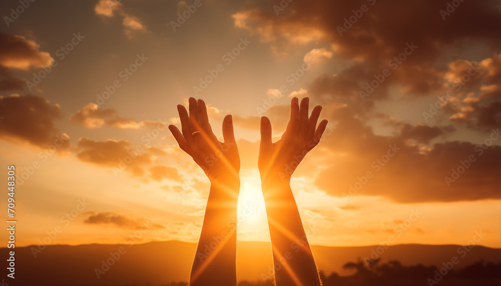 hands open palm up worship to the sky with blur sun rise sky background
