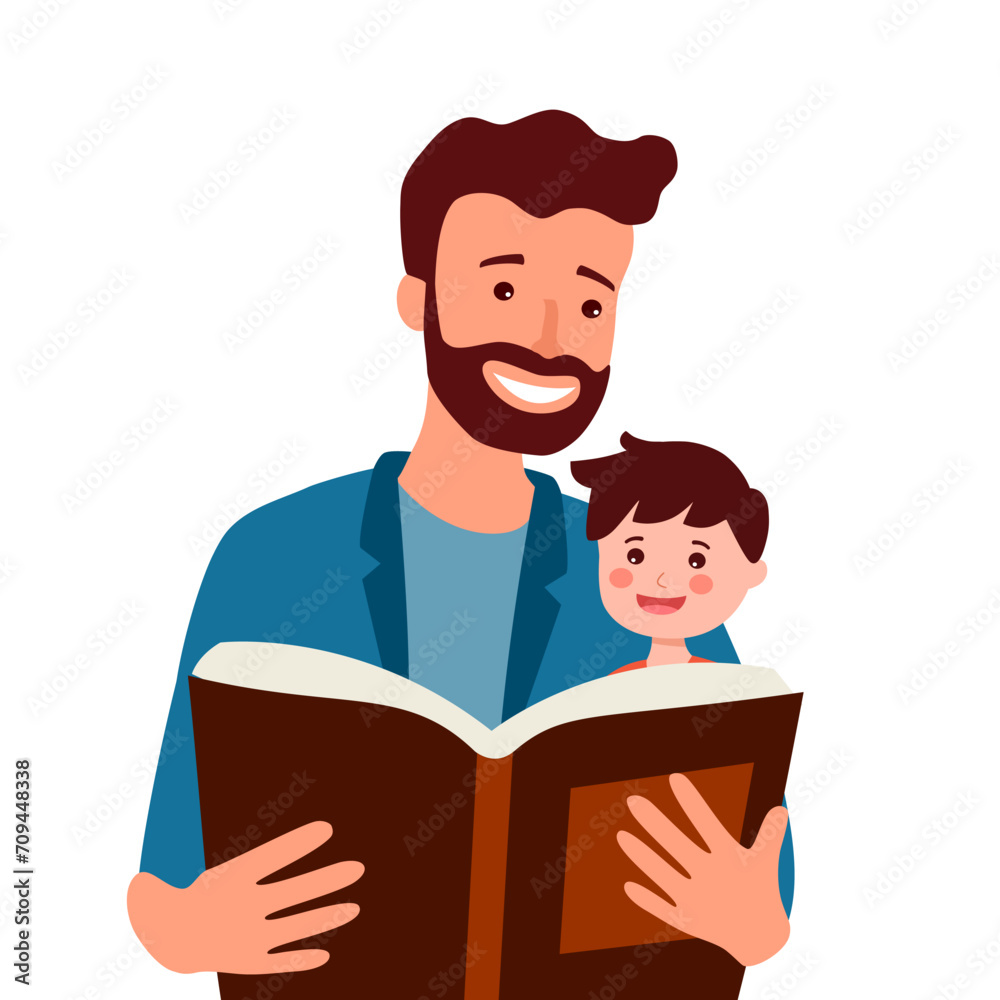 Father and son enjoy reading book together in flat design on white background.