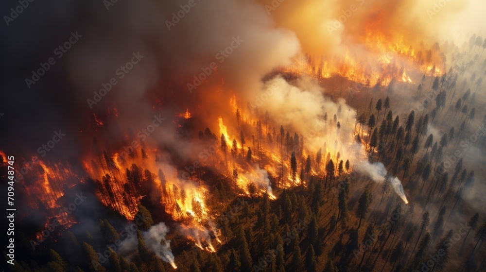 The breathtaking aerial view shows the magnitude of the wildfire, as it leaps from tree to tree with an overwhelming force.