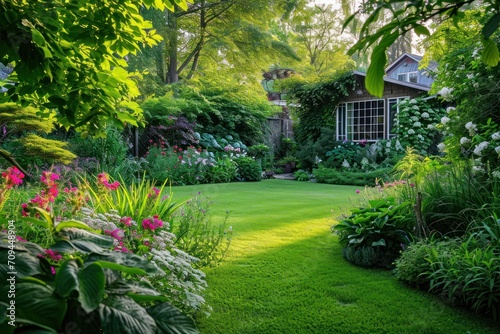 A beautifully landscaped backyard with lush gardens.