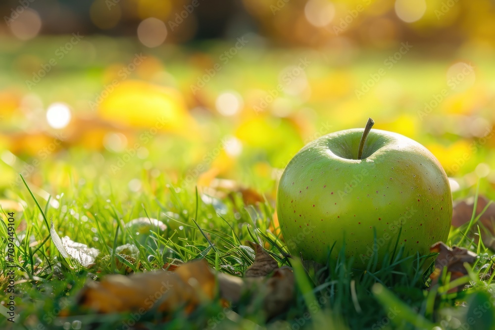 green apple lies on grass harvest of autumn fruit green apple lies on grass harvest of autumn fruit