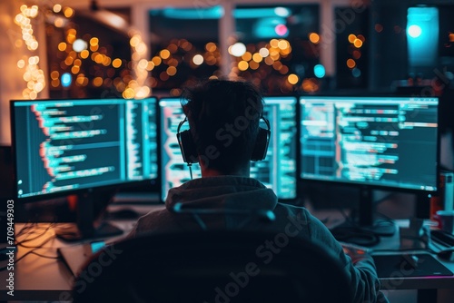 person sitting in front of multiple computer monitors lit up with code. 