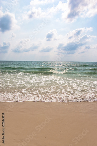 KOH SAMUI, THAILAND - JANUARY 14,2024: Beautiful beach. View of nice tropical beach with white sand ,blue sea and blue sky. Holiday and vacation concept. Tropical beach Chaweng Noi beach, Samui.