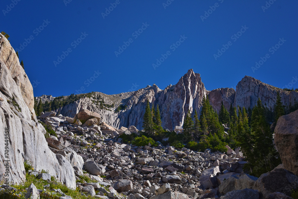 Lone Peak and surrounding landscape from Jacob’s Ladder hiking trail, Lone Peak Wilderness, Wasatch Rocky Mountains, Utah, United States.